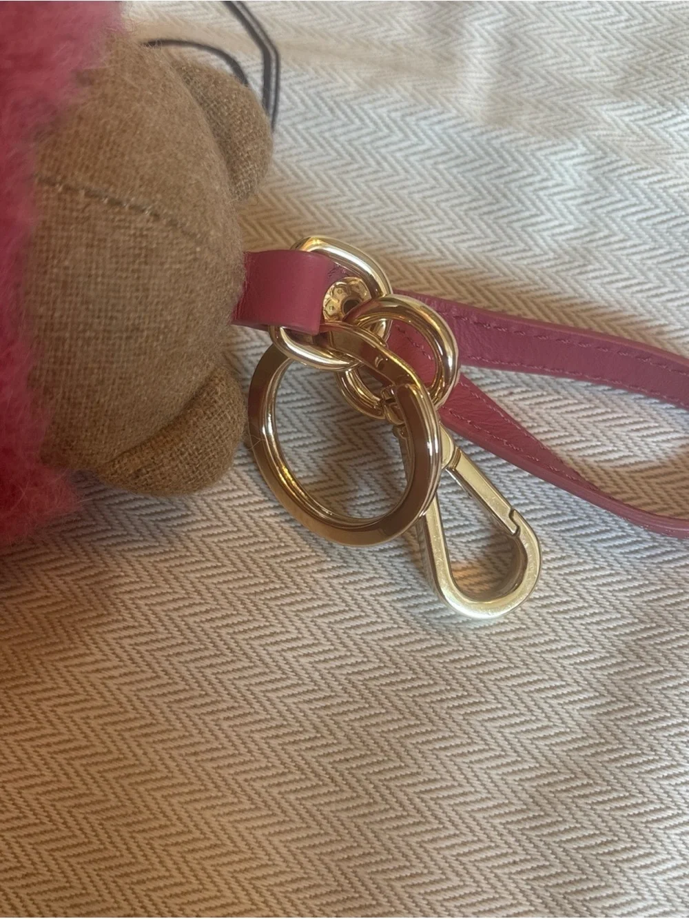 MaxMara Brown Bear Bag Charm with Pink Wool Fur Coat and Gold Hardware